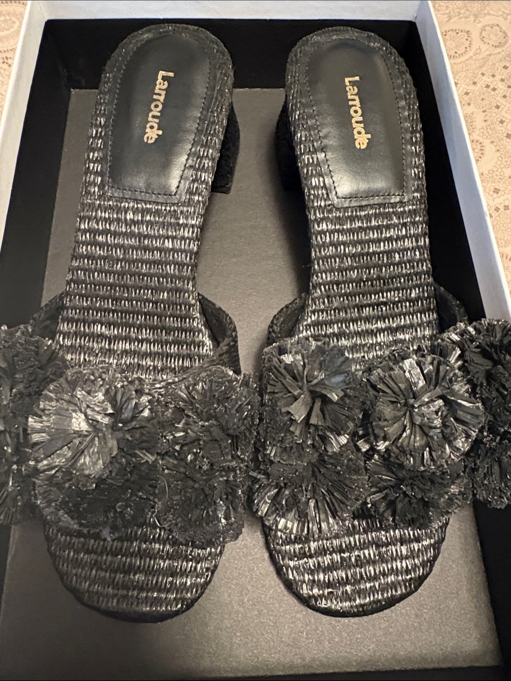 Larroude Black Raffia Floral Slide Sandals